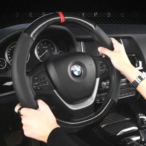 Carbon Fiber And PU Leather Steering Wheel Cover for Car With Red guard