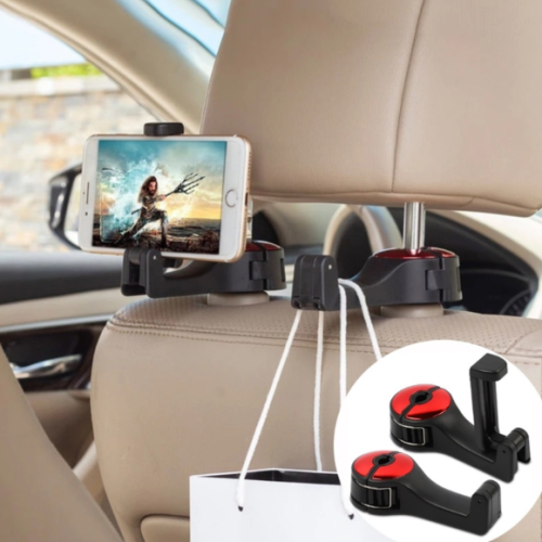 2 in 1 Car Headrest Hook with Phone Holder, Car back Seat Hooks for Purses and Bags, 360° Rotation 1ps
